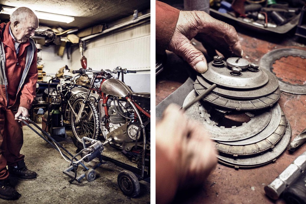 
			Es gibt nichts, was Olle Åhnström über seine Motorräder nicht wüsste. Seit mehr als 70 Jahren schraubt er in seiner Werkstatt an ihnen herum.

		