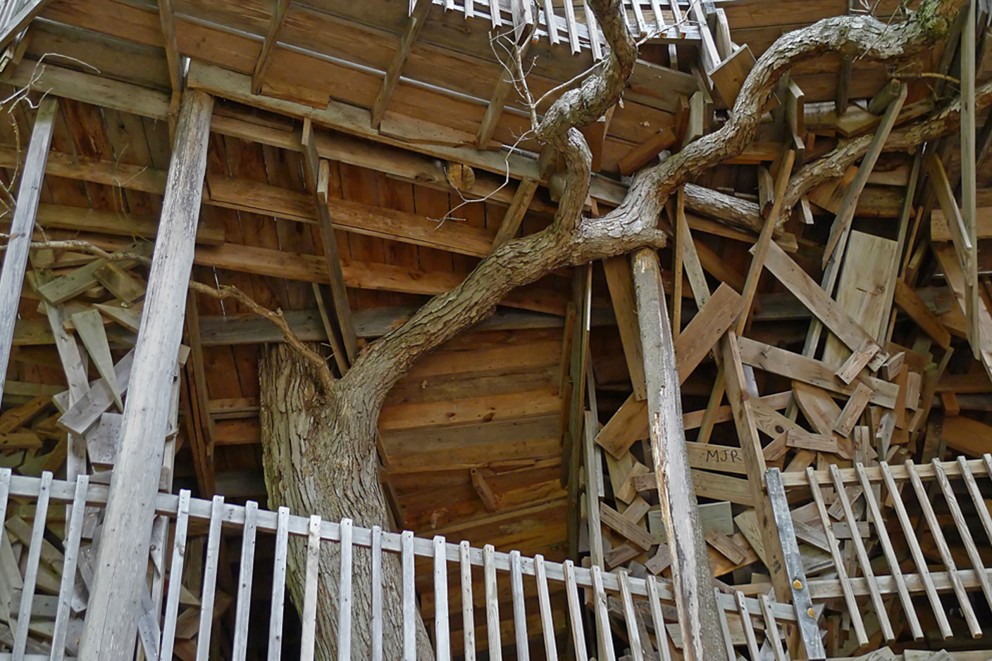 
			Sperrholzbrettern und Äste, ineinander verwoben zu „Horace’s Cathedral“. Das Baumhaus steht in Crossville, Tennessee, in den USA

		