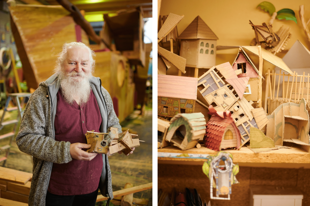 
			Jürgen Bergmann steht in seiner Werkstatt und hält das Modell eines Spielhauses in den Händen.

		