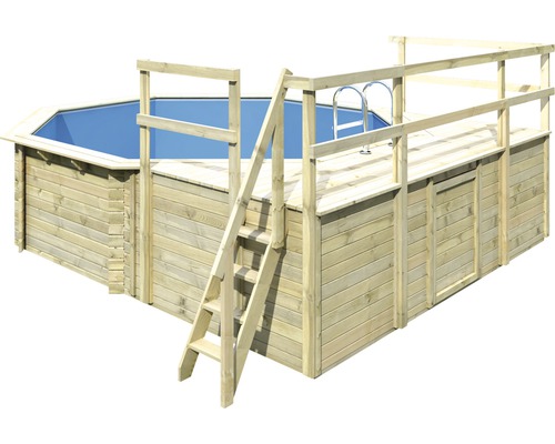 Aufstellpool Holzpool-Set Karibu Classic 2D rund Ø 470x124 cm inkl. Leiter, Bodenschutzvlies, Sonnendeck & 2 Flügel Holz