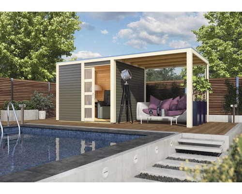 Gartenhaus Karibu Carlson mit Schleppdach, selbstklebender Dachfolie und Aluminium Abtropfwinkel 484 x 246 cm terragrau