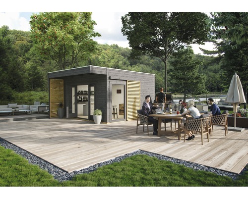 Gartenhaus SKAN HOLZ Tokio 4 mit KSK-M Dachbahn und Fußboden 402 x 402 cm grau