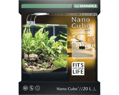 Aquarium DENNERLE Nano Cube Complete+ 20 l - Power LED 5.0 mit LED-Beleuchtung, Bodengrund, Filter, Rückwand, Thermometer