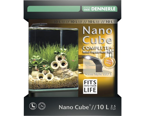 Aquarium DENNERLE Nano Cube Complete+ 10 l - Style LED S mit LED-Beleuchtung, Bodengrund, Filter, Rückwand, Thermometer