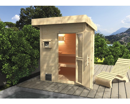 Saunahaus Weka Naantali inkl.9 kW Ofen u.ext.Steuerung mit Holztüre und Isolierglas wärmegedämmt