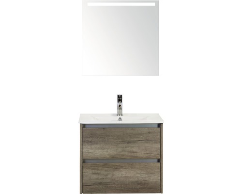 Badmöbel-Set Sanox Dante BxHxT 61 x 170 x 45,5 cm Frontfarbe nebraska oak mit Waschtisch Keramik schwarz und Spiegel mit LED-Beleuchtung Waschtischunterschrank Keramik-Waschtisch-0