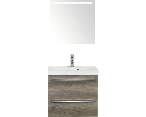 Badmöbel-Set Sanox Seville BxHxT 60 x 170 x 46 cm Frontfarbe nebraska oak mit Waschtisch Mineralguss weiß und Mineralguss-Waschtisch Spiegel mit LED-Beleuchtung Waschtischunterschrank-0