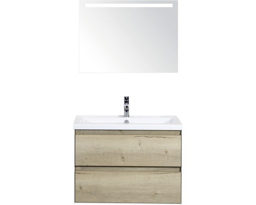 Badmöbel-Set Sanox Evora BxHxT 81 x 170 x 45,5 cm Frontfarbe eiche natur mit Waschtisch Keramik weiß und Waschtischunterschrank Waschtisch Spiegel mit LED-Beleuchtung-0