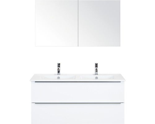 Badmöbel-Set Pulse 120 cm mit Doppelwaschtisch Keramik Weiß hochglanz und Spiegelschrank 84726001-0