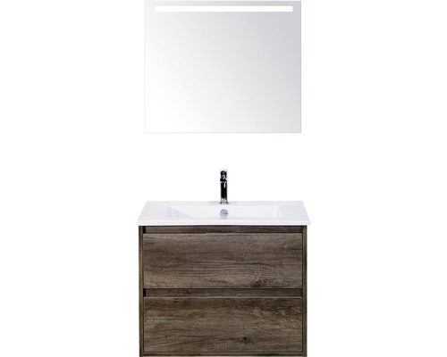 Badmöbel-Set Sanox Porto BxHxT 71 x 170 x 51 cm Frontfarbe nebraska oak mit Waschtisch Keramik weiß und Waschtischunterschrank Waschtisch Spiegel mit LED-Beleuchtung-0