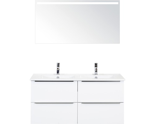 Badmöbel-Set Pulse 120 cm mit Doppelwaschtisch Keramik Weiß hochglanz und Spiegel mit LED-Beleuchtung 84726201-0