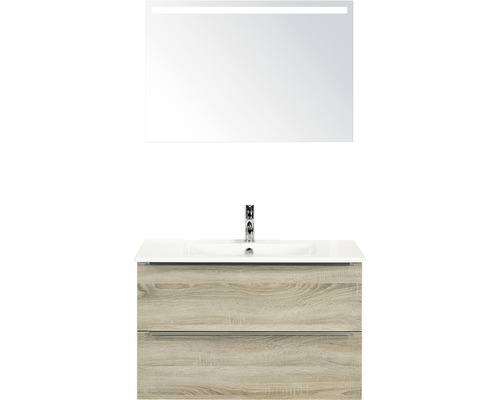 Badmöbel-Set Pulse 90 cm mit Keramikwaschtisch und Spiegel mit LED Beleuchtung Eiche grau-0