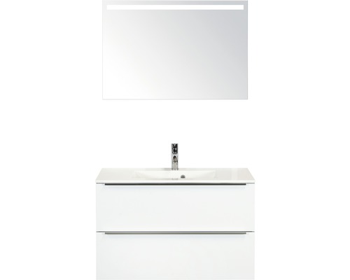 Badmöbel-Set Pulse 90 cm mit Waschtisch weiß glänzend und Spiegel mit LED Beleuchtung-0