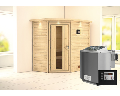 Blockbohlensauna Woodfeeling Svea inkl. 9 kW Bio Ofen u.ext.Steuerung mit Dachkranz und Holztüre mit Isolierglas wärmegedämmt-0
