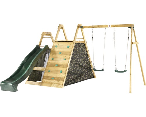 Doppelschaukel plum Holz Pyramide mit Kletternetz, Kletterwand und Rutsche grün-0