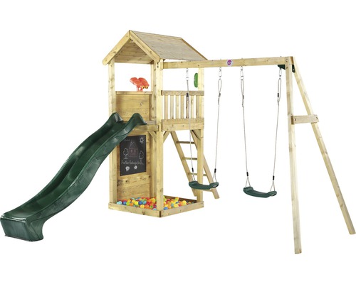 Spielturm plum Holz mit Doppelschaukel, Sandkasten, Fernglas, Telefon, Kletterwand, Kreidetafel und Rutsche grün