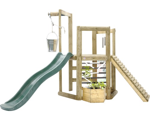 Spielturm plum Discovery mit Leiter, Holzrampe, Brüstung, Eimer und Rutsche grün-0