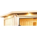 Plug & Play Sauna Karibu Sparset Maria inkl. 3,6 kW Ofen u.ext.Steuerung mit Dachkranz und bronzierter Ganzglastüre