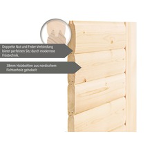 Blockbohlensauna Woodfeeling Anja inkl. 9 kW Bio Ofen u.ext.Steuerung mit Dachkranz und Holztüre mit Isolierglas wärmegedämmt-thumb-5