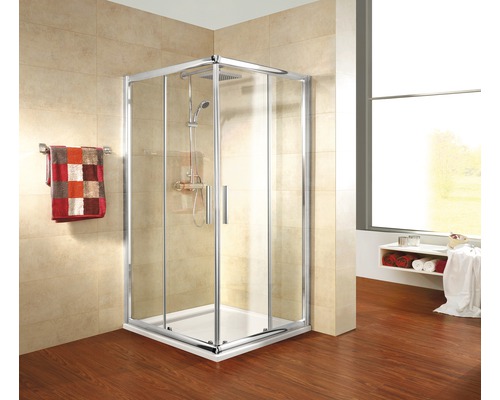 Eckeinstieg mit Schiebetür Schulte ExpressPlus Kristall/Trend 90x90 cm Klarglas Profilfarbe chrom inkl. Duschwanne