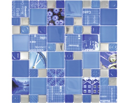 Glasmosaik XCM MC549 29,8x29,8 cm Silber/Blau
