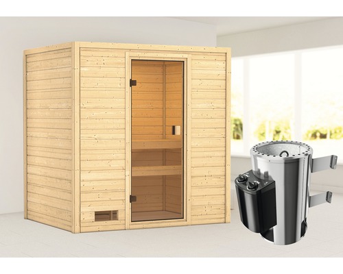 Plug & Play Sauna Woodfeeling Selena inkl.3,6 kW Ofen u.integr.Steuerung ohne Dachkranz mit bronzierter Ganzglastüre