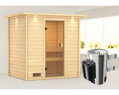 Plug & Play Sauna Woodfeeling Selena inkl.3,6 kW Ofen u.integr.Steuerung mit Dachkranz und bronzierter Ganzglastüre
