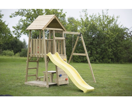 Spielturm Pelikan Holz mit Kletterwand, Schaukel, Sandkasten, Sitzbank und Rutsche gelb