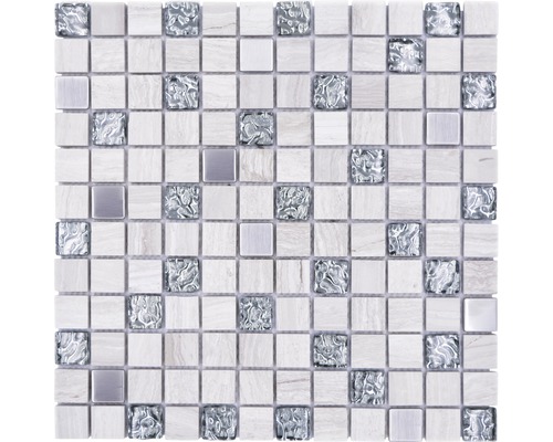 Natursteinmosaik Quadrat Crystal/Stein/Stahl wood white
