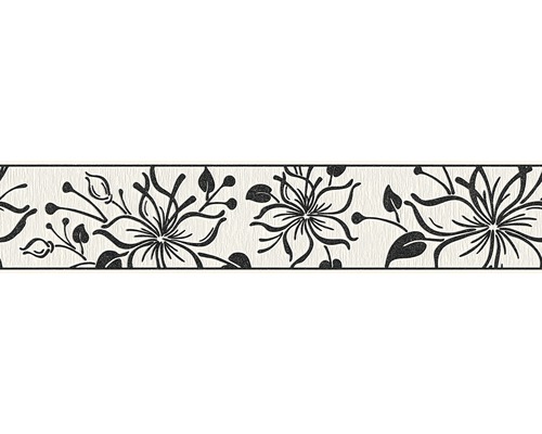 Bordüre selbstklebend Blume schwarz weiß mit Glitter 5 m x 13 cm