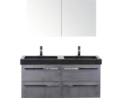 Badmöbel-Set Seville 120 cm mit Doppelwaschwaschtisch Naturstein mit Spiegelschrank Beton anthrazit