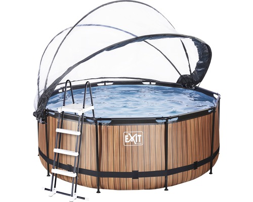 Aufstellpool Framepool-Set EXIT WoodPool rund Ø 360x122 cm inkl. Sandfilteranlage, Abdeckung & Leiter Holzoptik