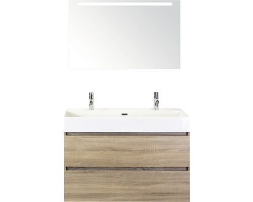Badmöbel-Set Sanox Maxx XL BxHxT 101 x 183 x 45,5 cm Frontfarbe eiche grau mit Waschtisch Keramik weiß und Keramik-Doppelwaschtisch Waschtischunterschrank Spiegel mit LED-Beleuchtung-0