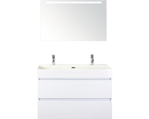 Badmöbel-Set Sanox Maxx XL BxHxT 101 x 183 x 45,5 cm Frontfarbe weiß hochglanz mit Waschtisch Keramik weiß und Keramik-Doppelwaschtisch Waschtischunterschrank Spiegel mit LED-Beleuchtung