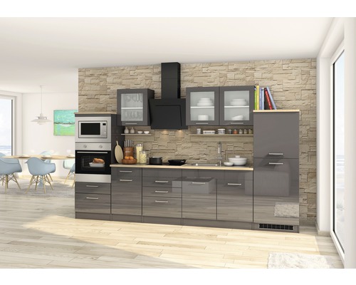 Küchenzeile Held Möbel Mailand 330 cm Frontfarbe Grau Hochglanz Korpusfarbe Graphit inkl. Einbaugeräte 586.1.6211
