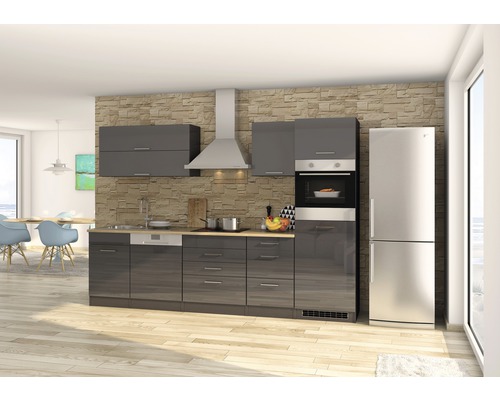 Küchenzeile Held Möbel Mailand 300 cm Frontfarbe Grau Hochglanz Korpusfarbe Graphit inkl. Einbaugeräte 611.1.6211-0