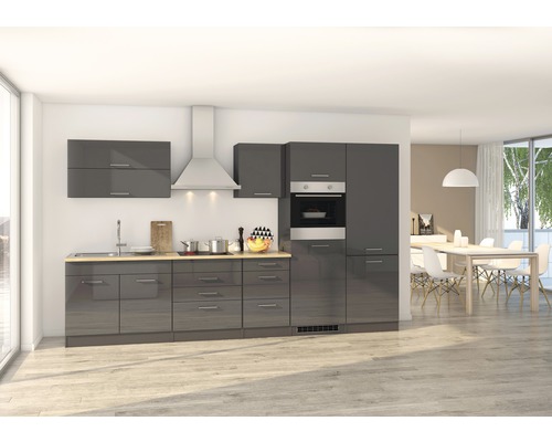 Küchenzeile Held Möbel Mailand 350 cm Frontfarbe Grau Hochglanz Korpusfarbe Graphit inkl. Einbaugeräte 629.1.6211-0