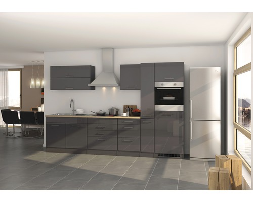 Küchenzeile Held Möbel Mailand 320 cm Frontfarbe Grau Hochglanz Korpusfarbe Graphit inkl. Einbaugeräte 617.1.6211-0