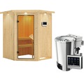 Plug & Play Sauna Karibu Sparset Kanja inkl. 3,6 kW Bio Ofen u.ext.Steuerung und Dachkranz mit bronzierter Ganzglastüre