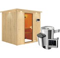 Plug & Play Sauna Karibu Sparset Maria inkl. 3,6 kW Ofen u.ext.Steuerung mit Dachkranz und bronzierter Ganzglastüre