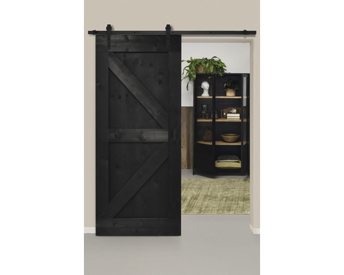 Schiebetür-Komplettset Barn Door Vintage schwarz grundiert Wales gerade 95x215 cm inkl. Türblatt,Schiebetürbeschlag,Abstandshalter 35mm und Griff-Set