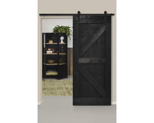 Schiebetür-Komplettset Barn Door Vintage schwarz grundiert British gerade 95x215 cm inkl. Türblatt,Schiebetürbeschlag,Abstandshalter 35mm und Griff-Set