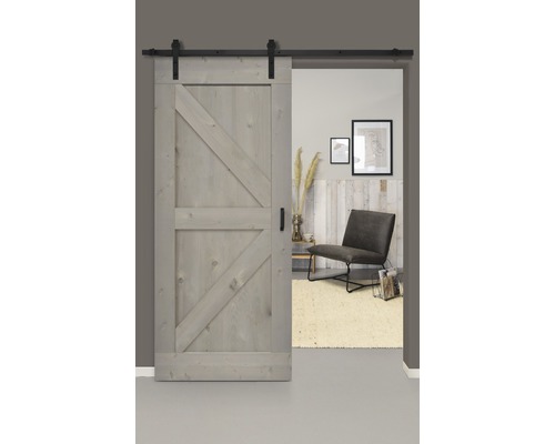 Schiebetür-Komplettset Barn Door Vintage grau grundiert Wales gerade 95x215 cm inkl. Türblatt,Schiebetürbeschlag,Abstandshalter 35mm und Griff-Set