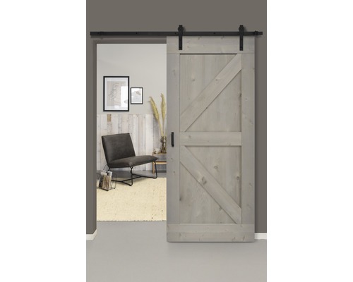 Schiebetür-Komplettset Barn Door Vintage grau grundiert British gerade 95x215 cm inkl. Türblatt,Schiebetürbeschlag,Abstandshalter 35mm und Griff-Set
