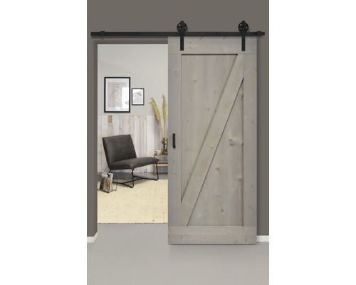 Schiebetür-Komplettset Barn Door Vintage grau grundiert ZBrace Speichen 95x215 cm inkl. Türblatt,Schiebetürbeschlag,Abstandshalter 40 mm und Griff-Set