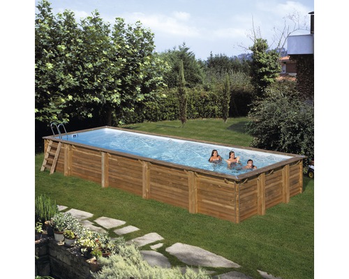 Aufstellpool Holzpool-Set eckig 1011x418x146 cm inkl. Sandfilteranlage, Skimmer, Leiter, Filtersand & Bodenschutzvlies Holz