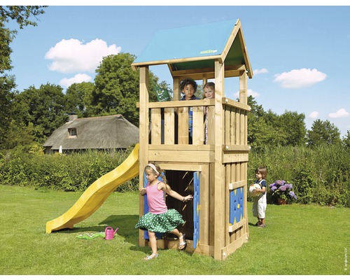 Spielturm Jungle Gym Castle Holz mit Spielhaus, Rutsche gelb