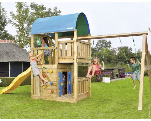 Spielturm Jungle Gym Farm Holz mit Spielhaus, Kletterwand, Doppelschaukel, Rutsche gelb