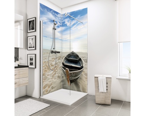 Duschrückwand Schulte ExpressPlus Decodesign Foto über Eck Ruderboot am Strand 2 x 90 x 210 cm