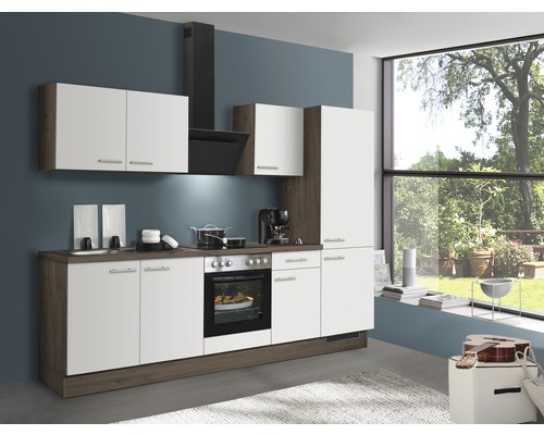 PICCANTE Küchenzeile mit Geräten PESCE 270 cm Frontfarbe weiß matt Korpusfarbe oregon-eiche montiert